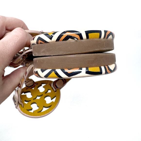 TORY BURCH Yellow Pink Geometric Print Patent Leather Miller Sandals Size 8 - Picture 10 of 11